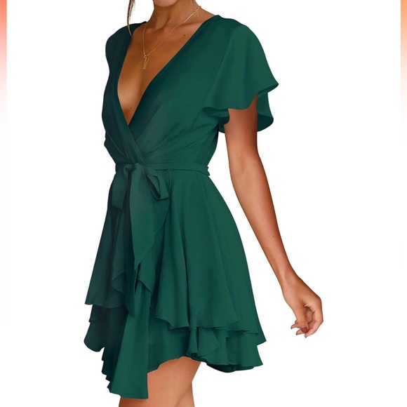 Bonkwa Tiered Ruffle Hem Tie Waist Wrap V Neck Flutter Sleeve Dress Dark Green - Picture 4 of 10